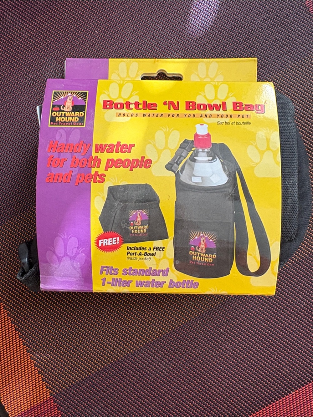 Outward Hound Bottle 'N Bowl Bag in black and purple packaging